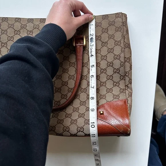 Vintage Gucci GG Logo Nailhead Tote Canvas Leather Tan Brown